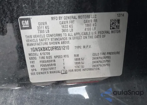 2015 Chevrolet Tahoe Lt from USA, damaged, VIN 1GNSKBKC0FR551210